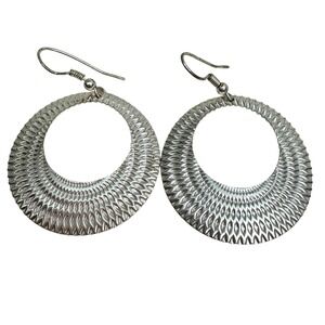 Silver Tone Hoop Dangle Drop Earrings Textured Openwork Fashion Jewelry